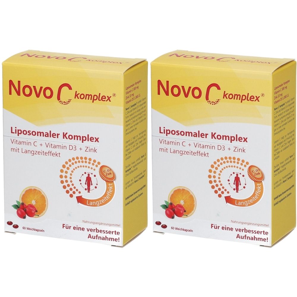 Zwei gelbe Kartons mit Aufschrift Novo C komplex. Aufschrift: Liposomaler Komplex, Vitamin C + Vitamin D3 + Zink, mit Langzeiteffekt. Abbildung einer Orange.