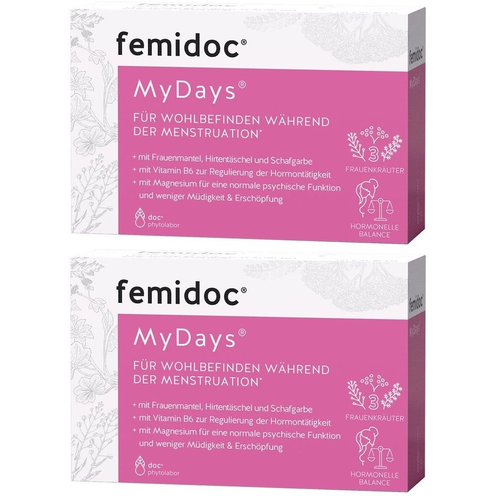 Zwei Packungen femidoc MyDays. Rosa-weiße Verpackung mit Produktnamen, Inhaltsstoffen und Logo. Hormonelle Balance.