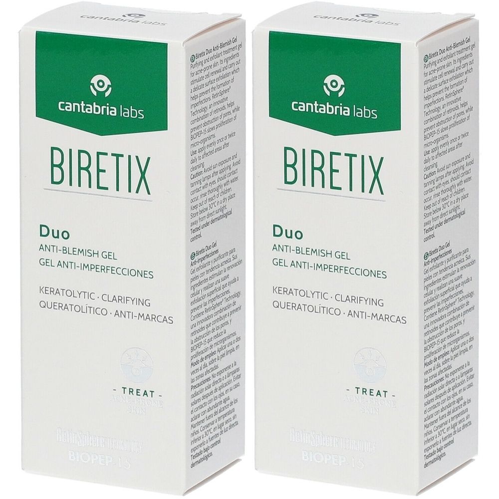 Zwei weiße Kartons mit grünen Akzenten. Aufschrift: BIRETIX Duo Anti-Blemish Gel. Marke: cantabria labs.