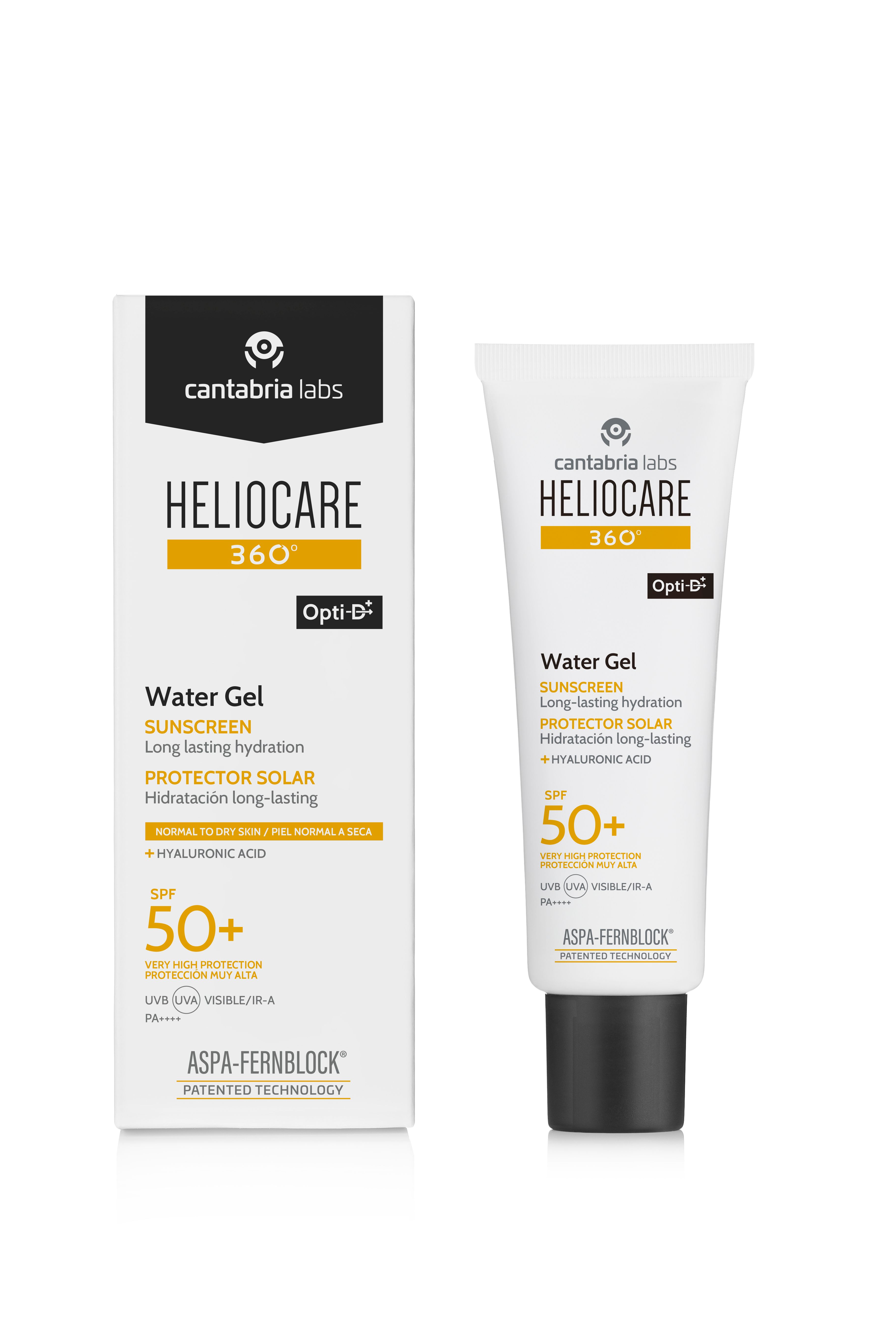 Weiße Tube und Verpackung. Aufschrift: HELIOCARE 360° Water Gel SPF 50+. Gelbe Akzente. Opti-D®.