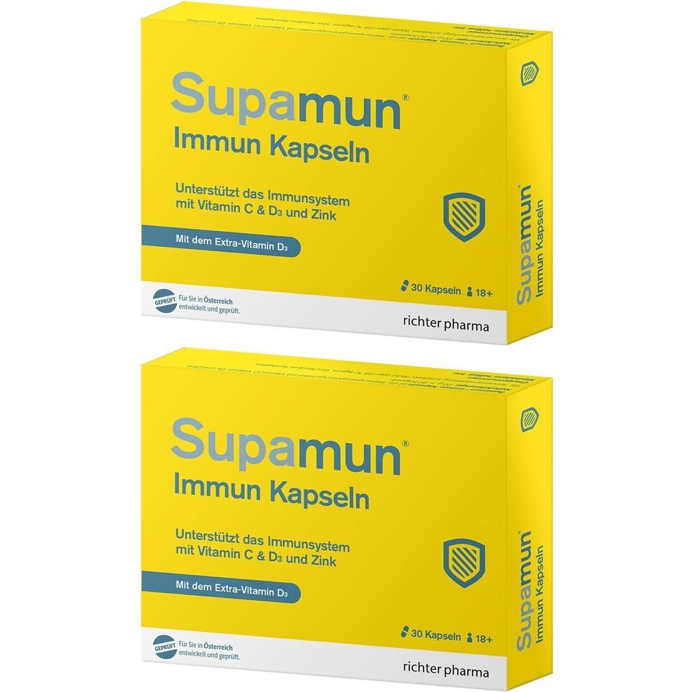 Zwei gelbe Schachteln mit "Supamun Immun Kapseln"-Aufdruck. Text: Unterstützt das Immunsystem mit Vitamin C & D3 und Zink.
