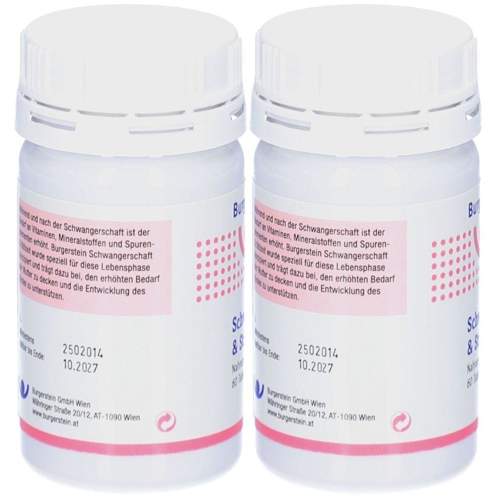 Zwei weiße Flaschen mit Schraubverschluss. Auf den Etiketten sind Text und Logos zu sehen. Aufschrift: Burgerstein Schwangerschaft & Stillzeit.