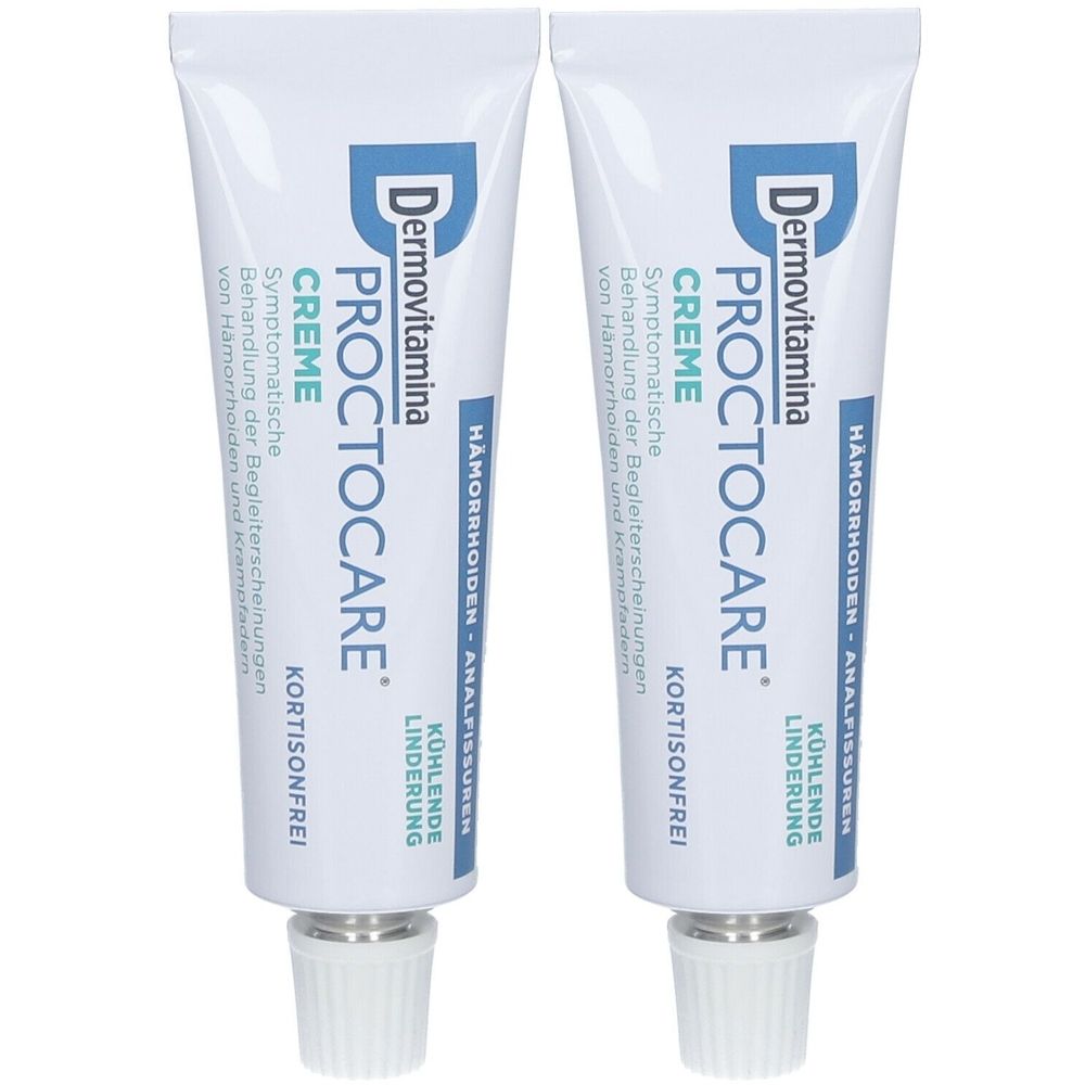 Zwei Tuben Creme. Aufschrift: Dermovitamina Proctocare Creme. Text: Symptomatische Behandlung von Hämorrhoiden. Kühlende Linderung. Kortisonfrei.