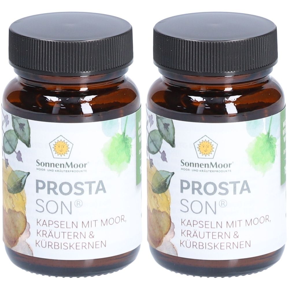 Zwei braune Glasflaschen mit schwarzen Deckeln. Auf den Etiketten steht "SonnenMoor PROSTA SON Kapseln mit Moor, Kräutern & Kürbiskernen".