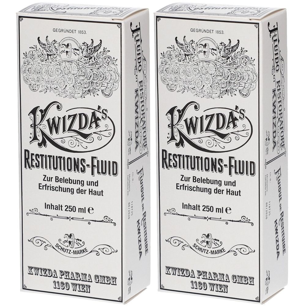 Zwei weiße Kartons mit Produktaufdruck. Schriftzug: Kwizda's Restitutions-Fluid. Text: Zur Belebung und Erfrischung der Haut. Inhalt 250 ml.