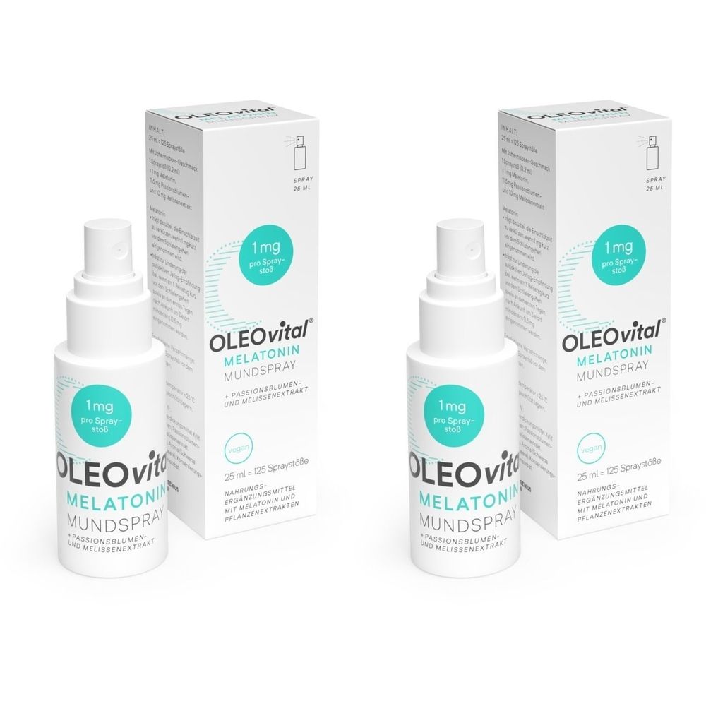 Zwei weiße Sprühflaschen und Verpackungen. Auf den Flaschen und Verpackungen steht "OLEOvital MELATONIN MUNDSPRAY".