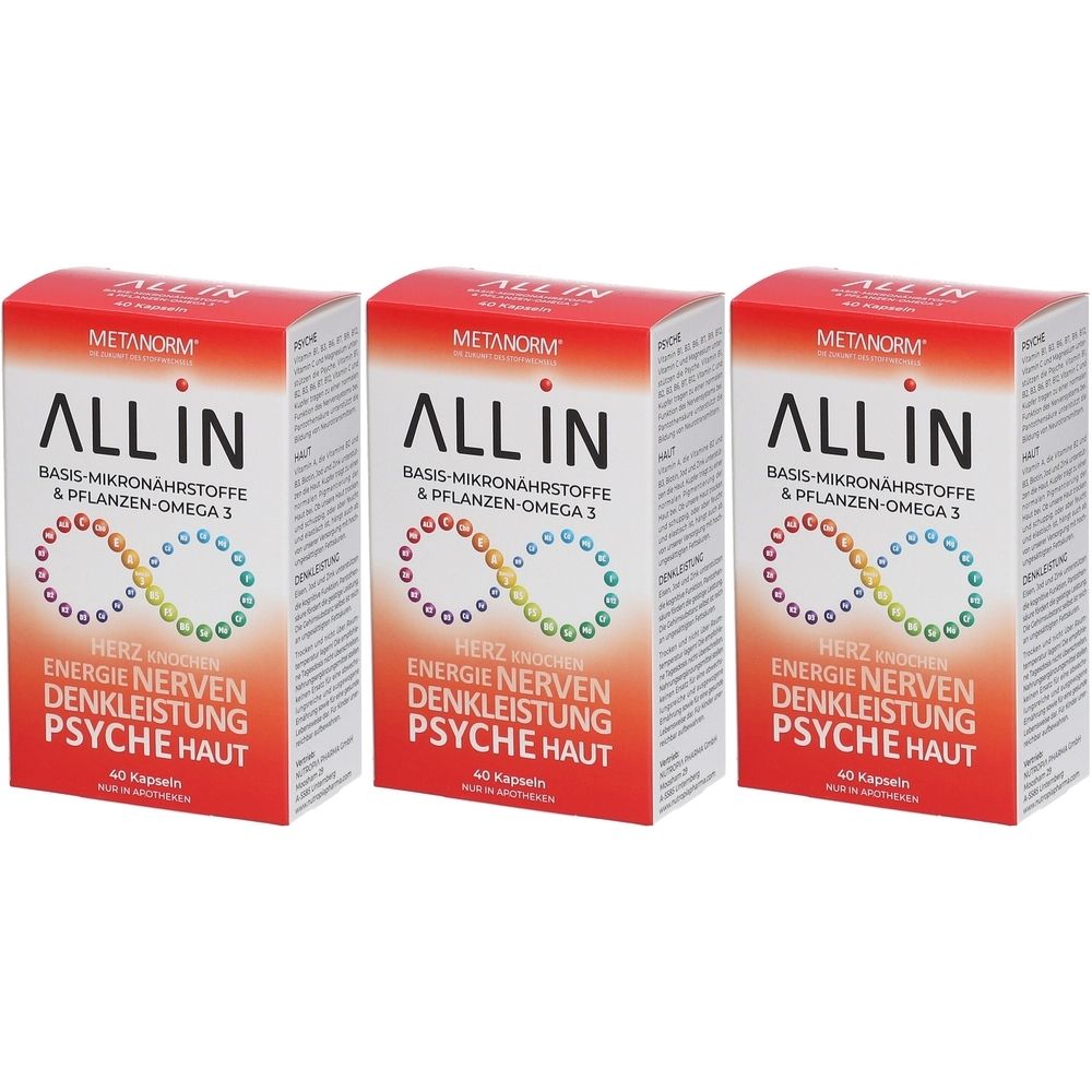 Drei rechteckige Schachteln. Aufschrift: METANORM ALL IN, Basis-Mikronährstoffe & Pflanzen-Omega 3. Text: Energie, Nerven, Denkleistung, Psyche, Haut.