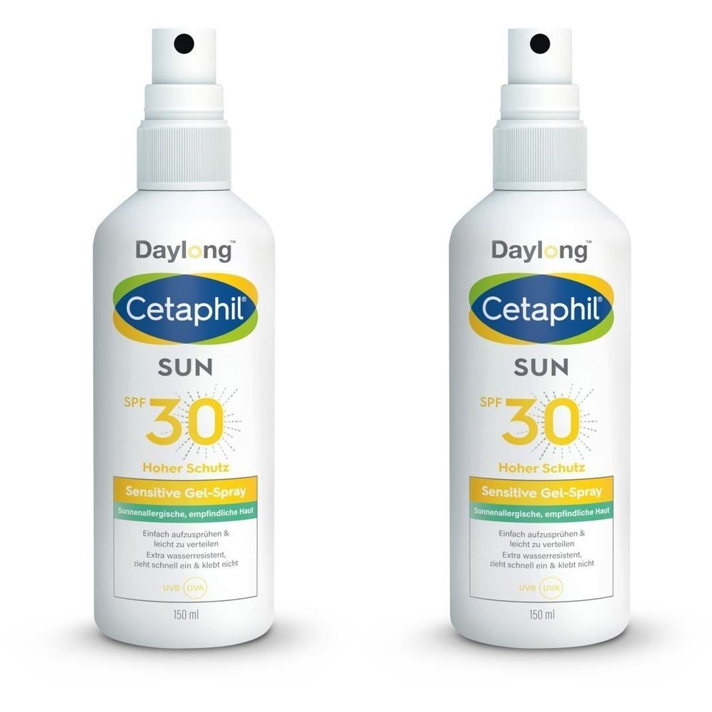 Zwei weiße Sprühflaschen mit schwarzem Sprühkopf. Aufschrift: Daylong Cetaphil SUN SPF 30. Sensitive Gel-Spray. Hoher Schutz.