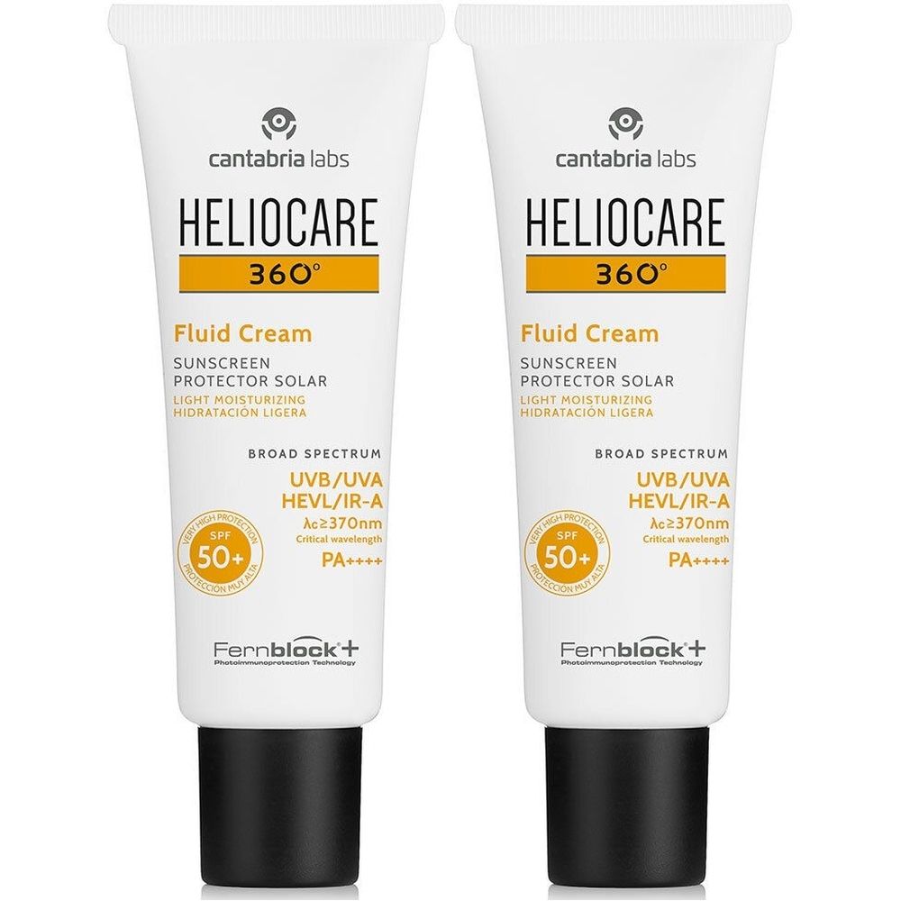 Zwei Tuben HELIOCARE 360° Fluid Creme LSF 50+. Weiße Tuben mit schwarzem Verschluss. Aufschrift: Sonnenschutz.