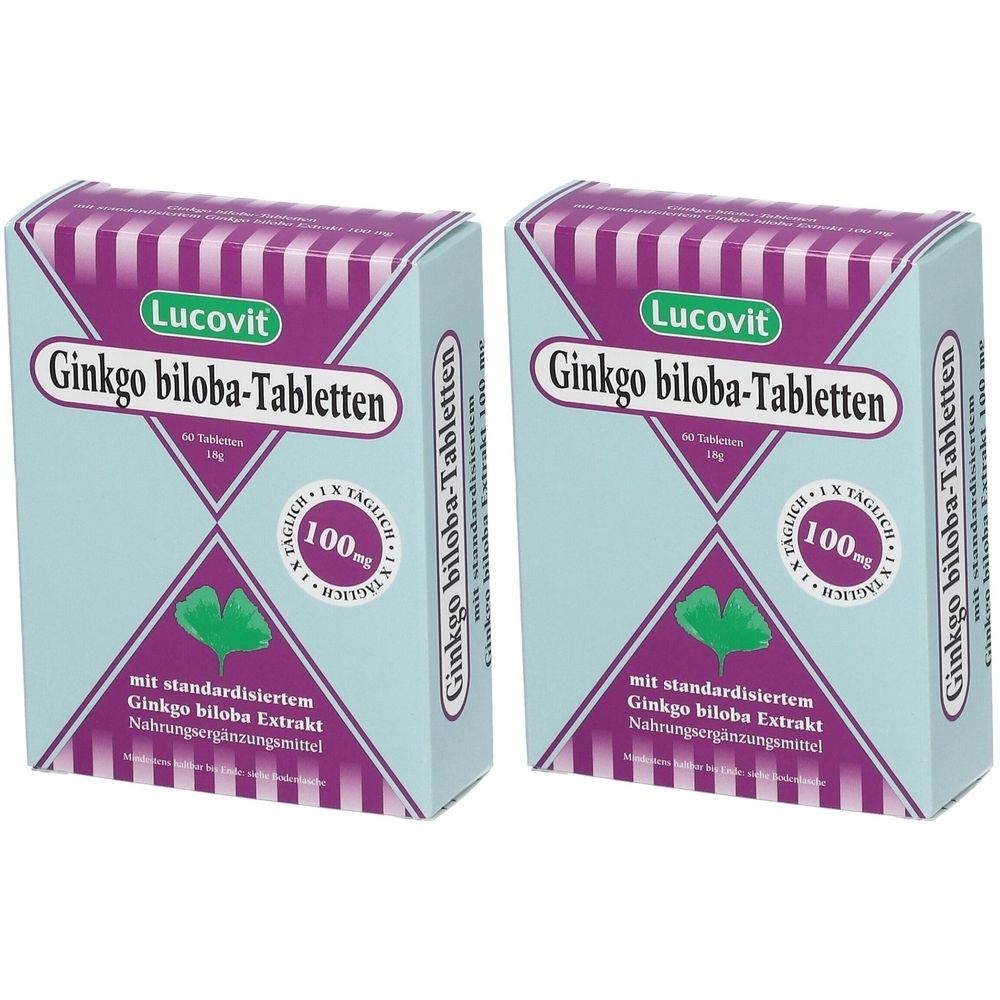 Zwei Schachteln Lucovit Ginkgo biloba-Tabletten. Hellblaue Verpackung mit lila Akzenten und Produktinformationen. 100 mg.