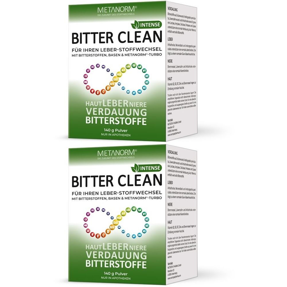 Zwei grüne Kartons mit der Aufschrift "Bitter Clean". Text: "Für Ihren Leber-Stoffwechsel". Logo: Unendlichkeitsschleife.