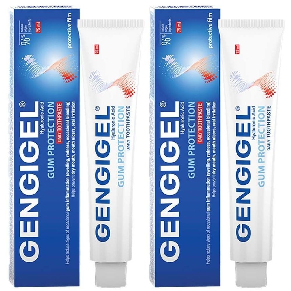Zwei Tuben und zwei Schachteln GENGIGEL Zahnpasta. Weiße Tuben mit blauem Schriftzug. Schachteln mit blauem Design und Produktinformationen.