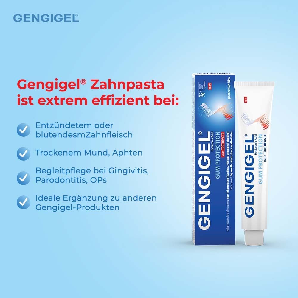Gengigel Zahnpasta und Verpackung. Text: Hilft bei entzündetem Zahnfleisch, trockenem Mund, Aphten. Blaue Verpackung.