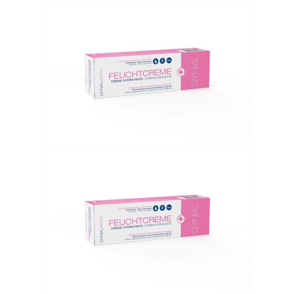 Zwei Packungen Feuchtcreme. Rosa-weiße Schachteln mit Aufschrift FEUCHTCREME und GYNIALACTIV. Blaue Kreise und das Wort GYNIAL.