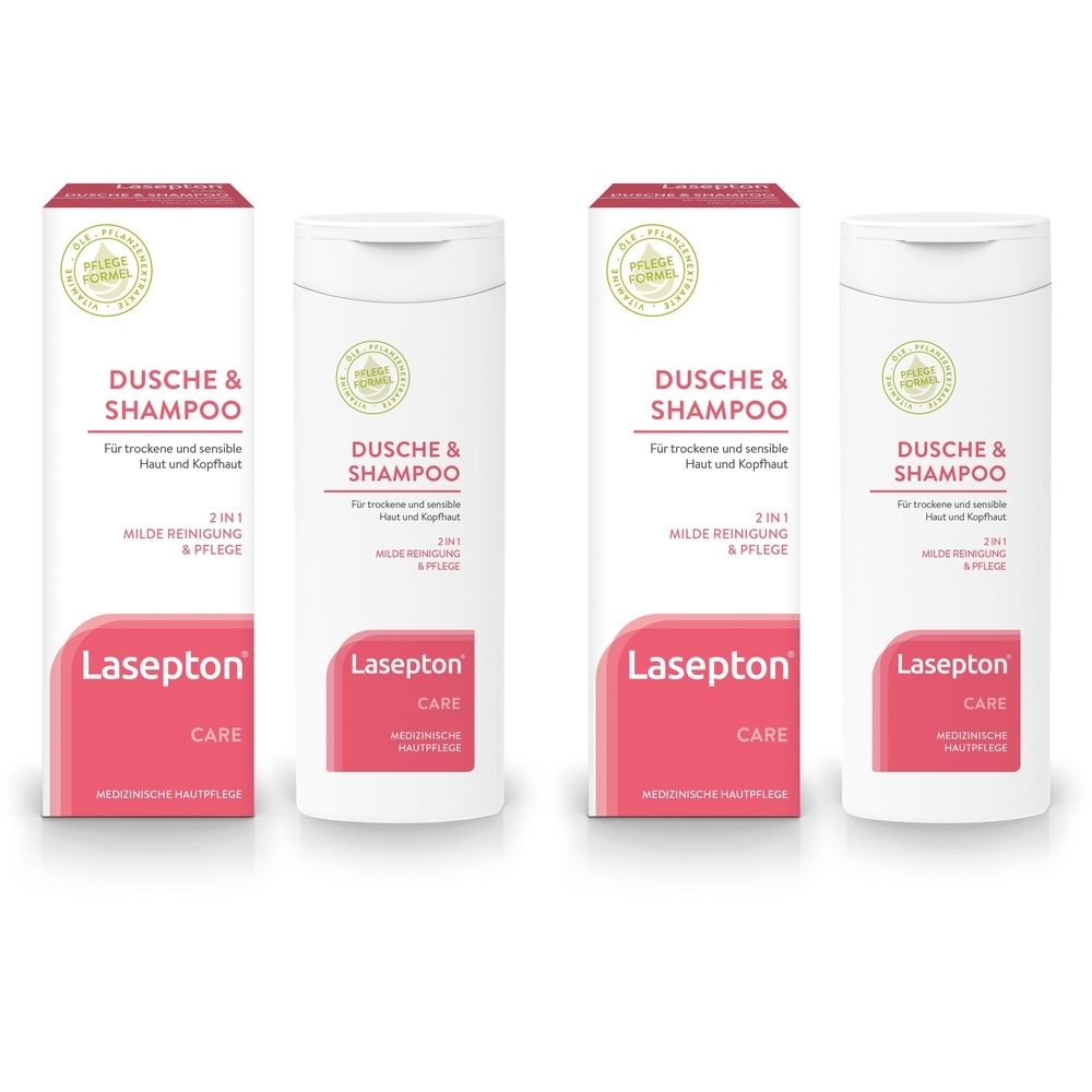 Vier weiße Flaschen mit rosa Etiketten. Aufschrift: DUSCHE & SHAMPOO, Lasepton CARE.