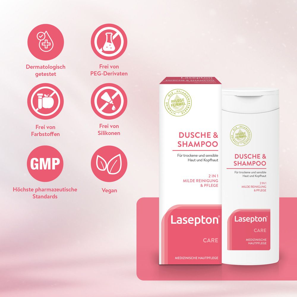 Lasepton Care Dusch- & Shampoo mit Siegeln: Dermatologisch getestet, frei von PEG-Derivaten, Farbstoffen, Silikonen.