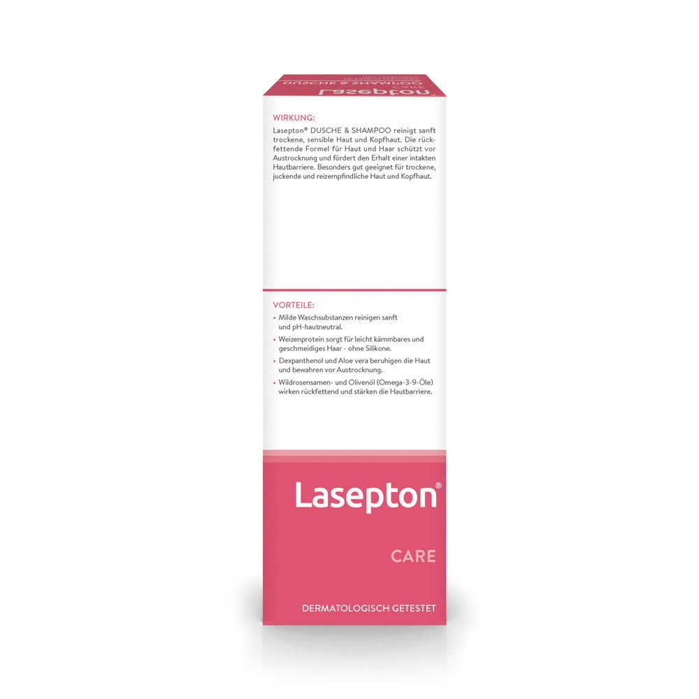 Rückseite einer Lasepton Care Dusch- & Shampoo Packung mit Anwendungshinweisen.