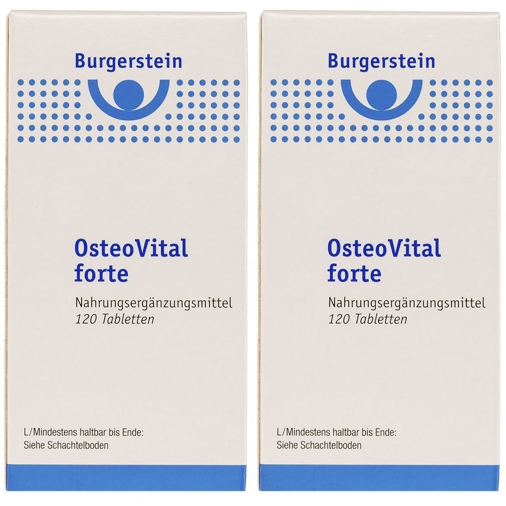 Zwei rechteckige Schachteln mit Burgerstein-Logo und OsteoVital forte-Schriftzug. Enthält 120 Tabletten. Aufdruck: Nahrungsergänzungsmittel.