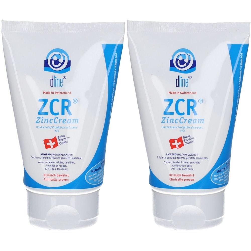 Zwei Tuben ZCR® ZincCream. Weiße Tuben mit blauem Design. Schweizer Flagge und Text: Klinisch bewährt. Made in Switzerland.
