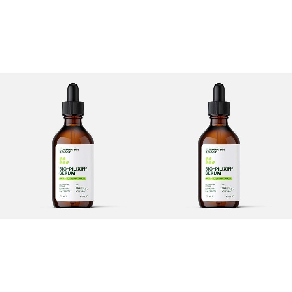 Zwei braune Glasflaschen mit schwarzen Pipetten. Auf den Etiketten steht "BIO-PILIXIN SERUM".