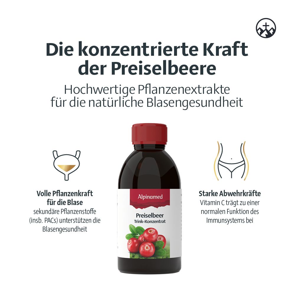 Braune Flasche Alpinamed Preiselbeer Trink-Konzentrat. Roter Deckel, Cranberry-Abbildung. Text: Konzentrierte Kraft der Preiselbeere.