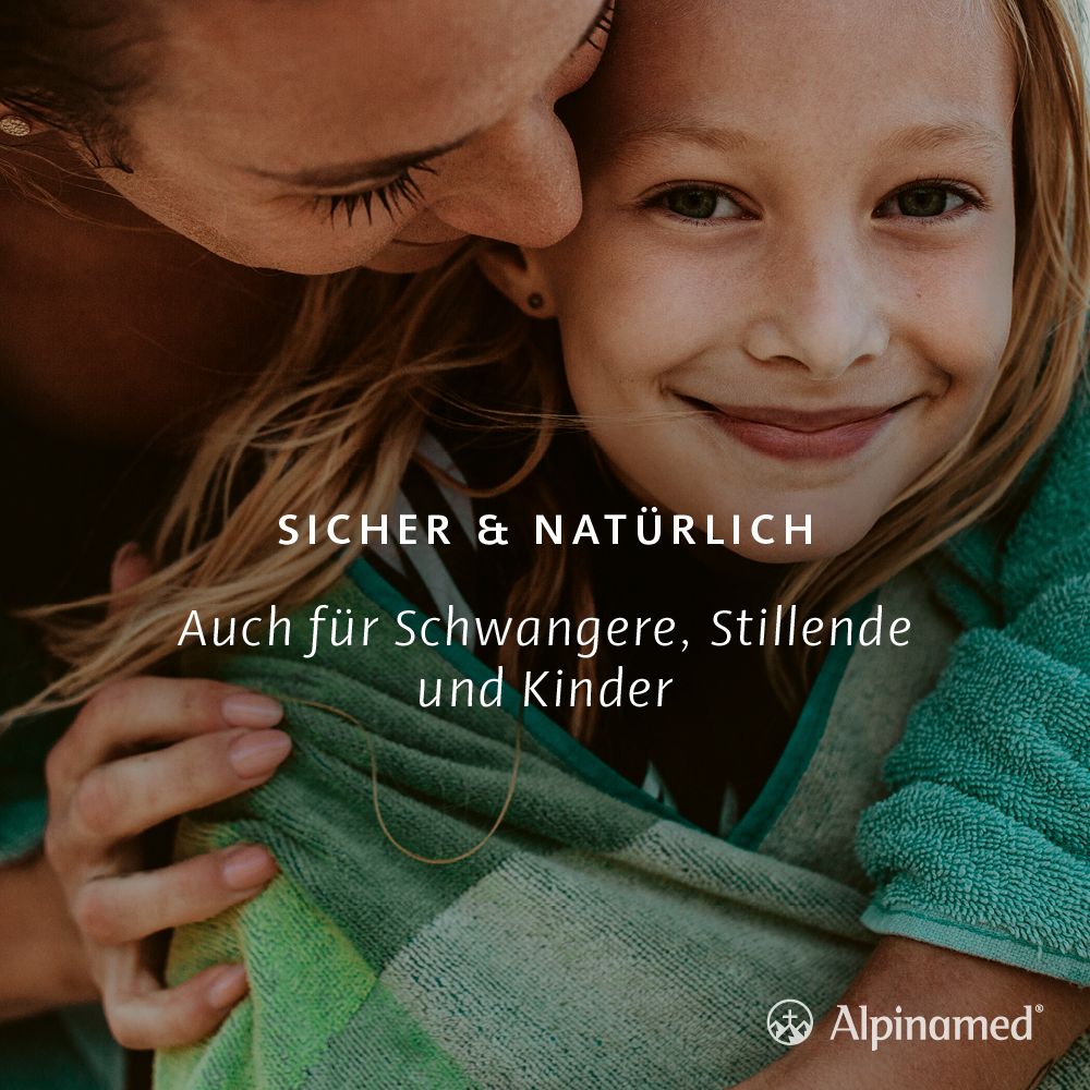 Mutter und Kind. Text: Sicher & natürlich. Auch für Schwangere, Stillende und Kinder. Alpinamed Logo.
