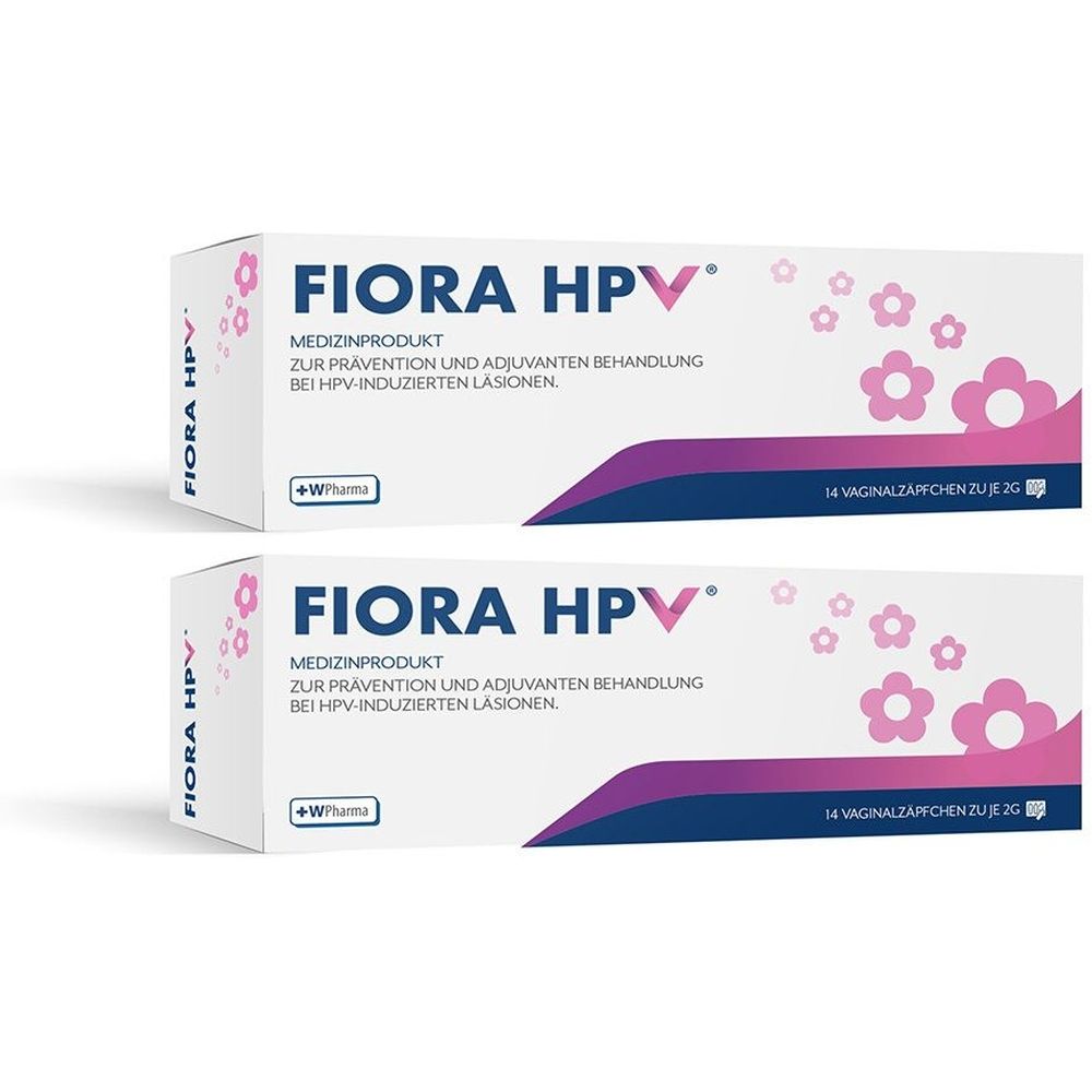 Zwei Schachteln FIORA HPV. Medizinprodukt. Aufschrift: Zur Prävention und adjuvanten Behandlung bei HPV-induzierten Läsionen. 14 Vaginalzäpfchen.