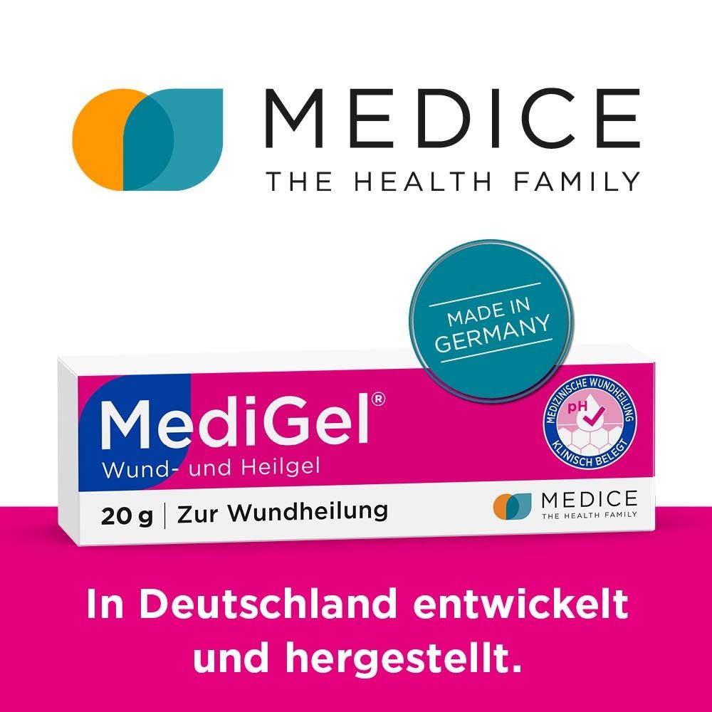 MediGel® Tube und Schachtel. Weiß mit pinkfarbenen Akzenten. Aufdruck: MediGel®, 20g, Zur Wundheilung. Medice Logo. Made in Germany.