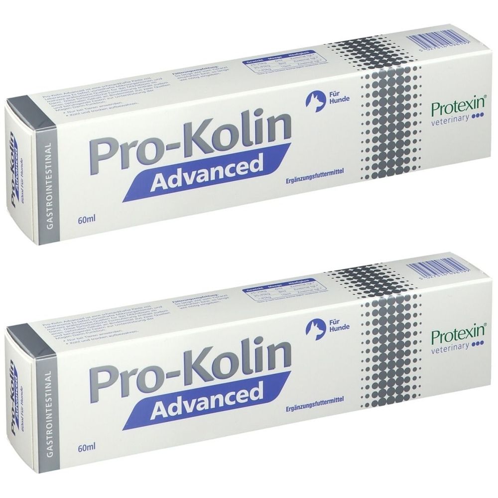 Zwei weiße Kartons mit der Aufschrift "Pro-Kolin Advanced". Auf der Seite steht "Gastrointestinal". Das Logo von Protexin Veterinary ist ebenfalls zu sehen.