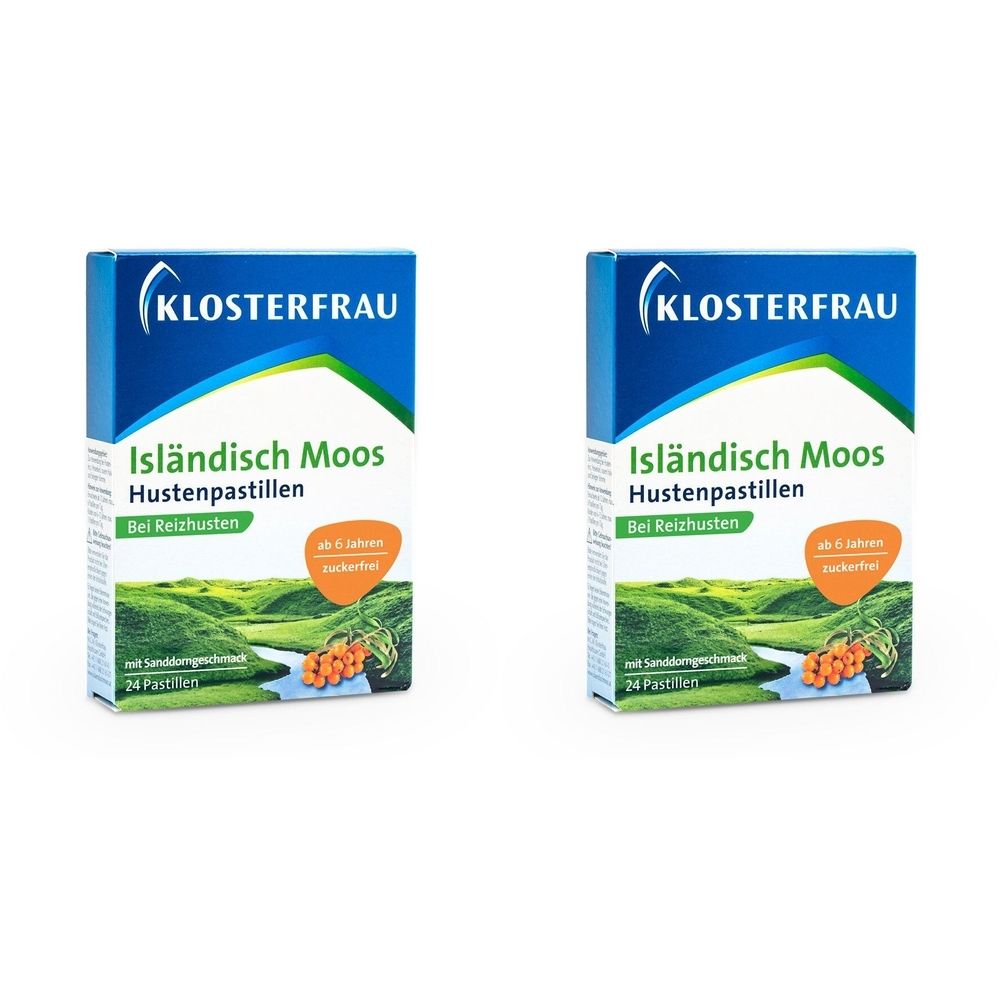 Zwei Schachteln Hustenpastillen. Blaue Verpackung mit weißer Schrift: KLOSTERFRAU, Isländisch Moos, Hustenpastillen. Ab 6 Jahren, zuckerfrei. 24 Pastillen.