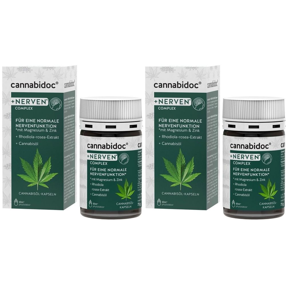 Drei Packungen und Flaschen von cannabidoc +NERVEN COMPLEX. Flaschen mit weißem Deckel, grüne Etiketten. Kartons mit grüner Schrift.