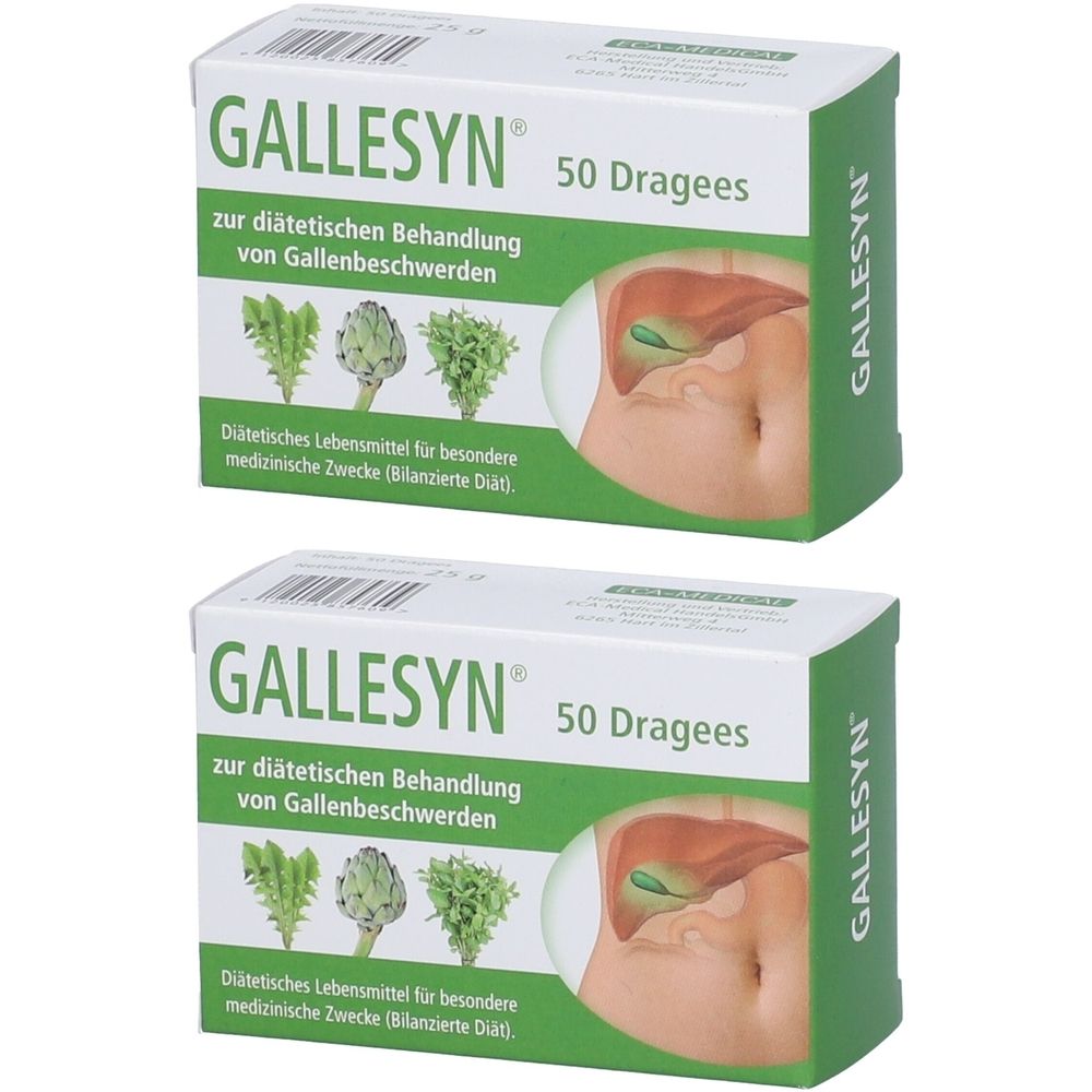 Zwei Schachteln Gallesyn®. Aufdruck: 50 Dragees, Text zur diätetischen Behandlung von Gallenbeschwerden. Grün-weiße Verpackung mit Abbildungen.