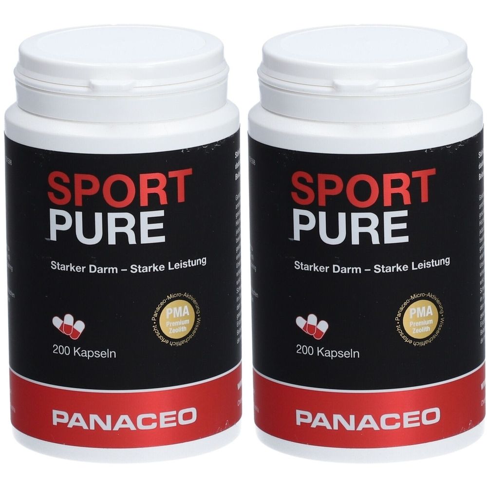 Zwei weiße Flaschen mit schwarzen Etiketten. Aufschrift: SPORT PURE, PANACEO. Enthält 200 Kapseln. Mit PMA-Qualitätssiegel.
