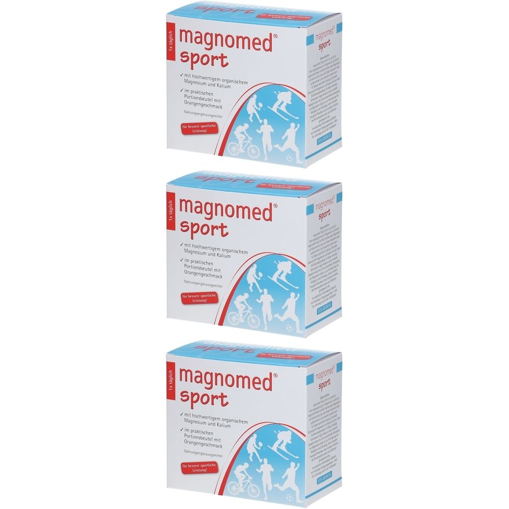 Drei quadratische Kartons mit der Aufschrift magnomed sport. Auf der Verpackung sind Sportler abgebildet. Roter Streifen mit Text.