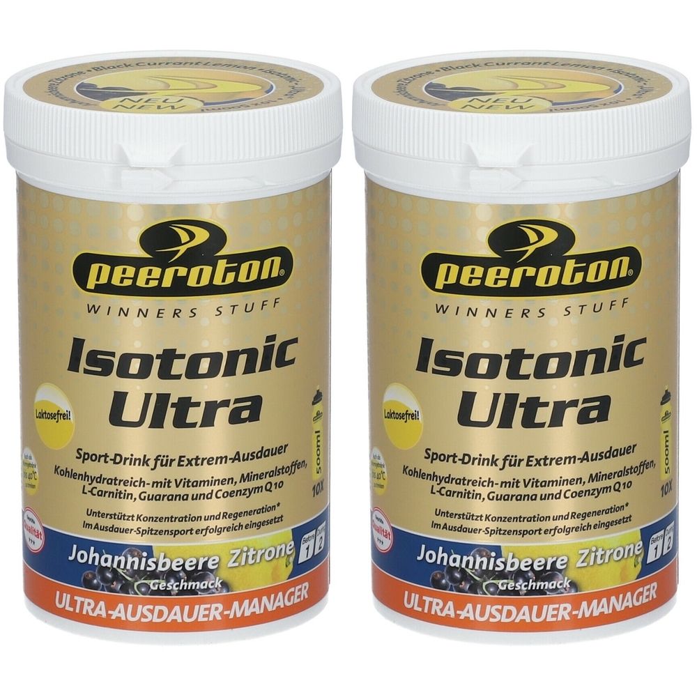 Zwei zylindrische Behälter mit weißem Deckel. Aufschrift: peeroton Isotonic Ultra, Johannisbeere Zitrone. Goldfarbener Hintergrund.