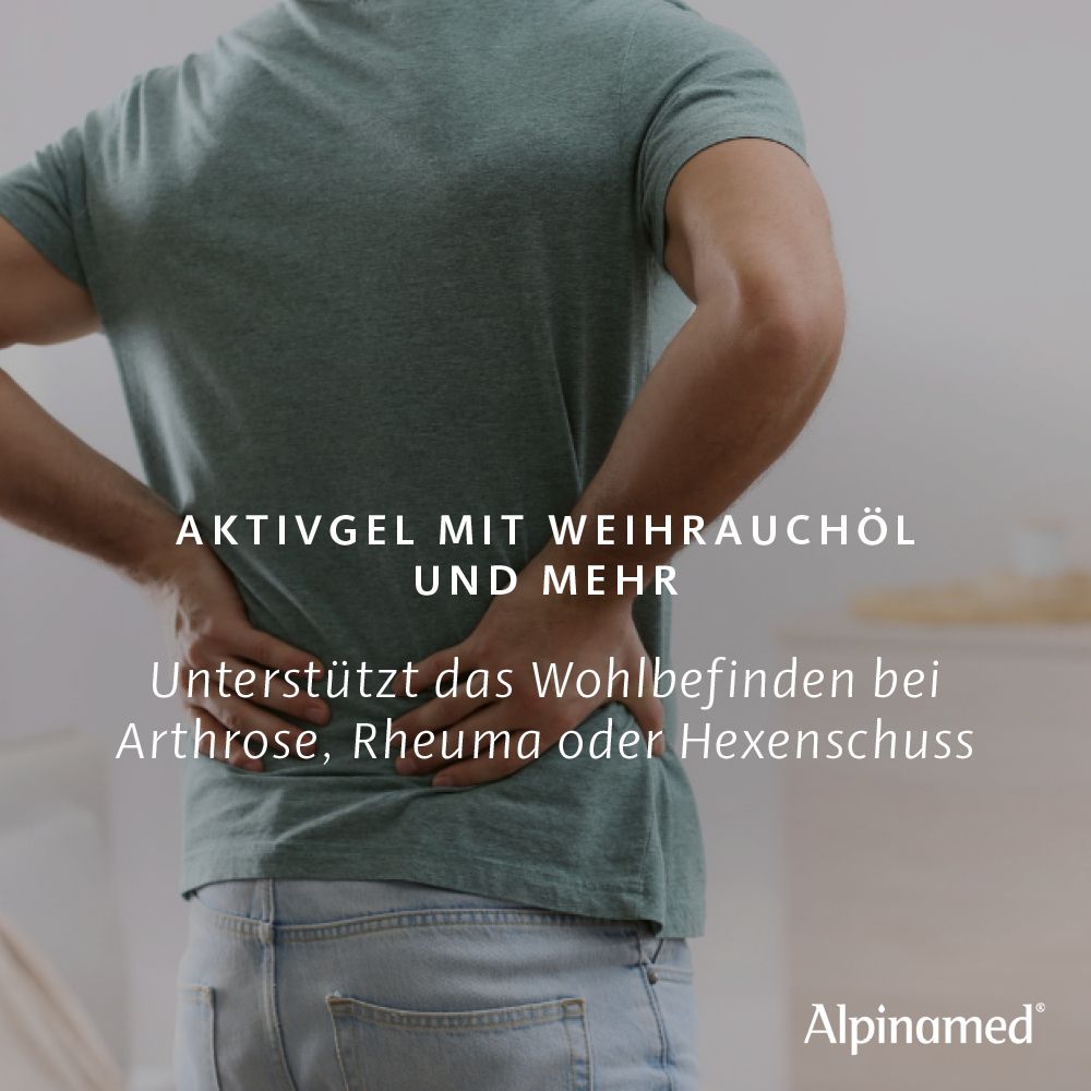 Person hält sich den Rücken. Text: Aktivgel mit Weihrauchöl und mehr. Unterstützt das Wohlbefinden bei Arthrose, Rheuma oder Hexenschuss.