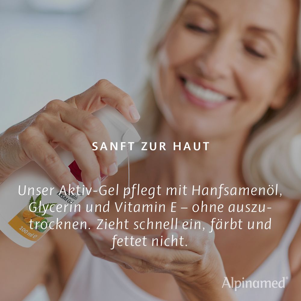 Frau trägt Gel auf. Text: Sanft zur Haut. Aktiv-Gel mit Hanfsamenöl, Glycerin und Vitamin E. Zieht schnell ein, färbt und fettet nicht.
