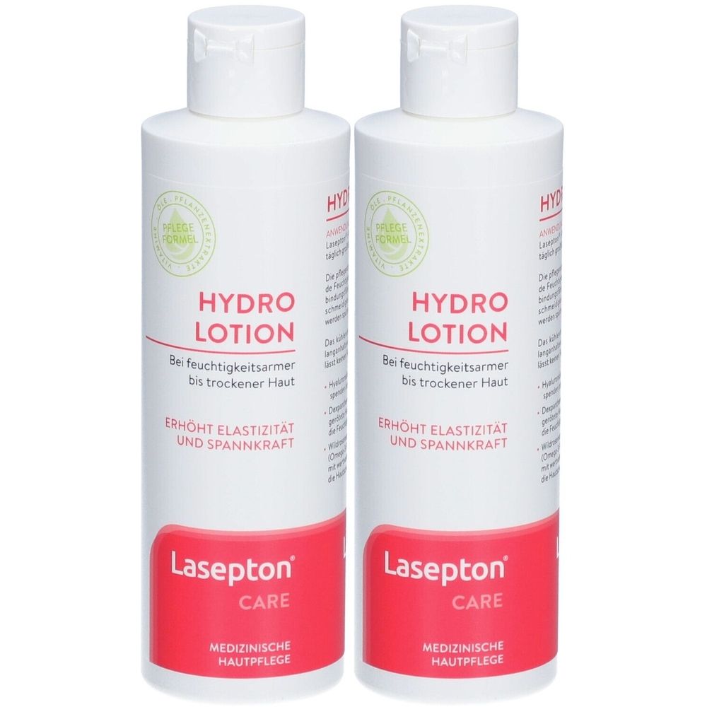 Zwei weiße Flaschen Lasepton Hydro Lotion. Roter Schriftzug Lasepton CARE. Text: Hydro Lotion, erhöht Elastizität und Spannkraft.