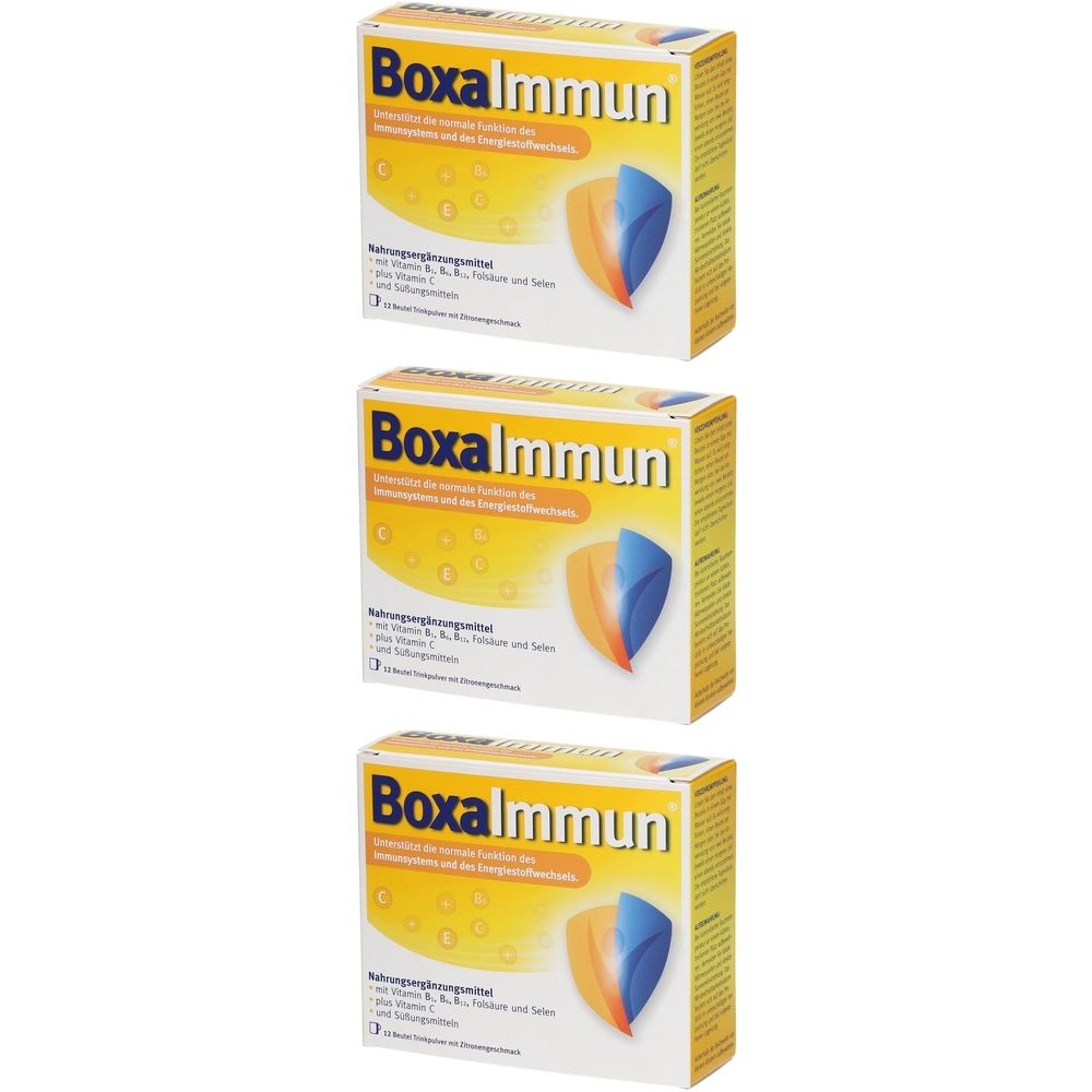 Drei Schachteln BoxaImmun. Gelbe Verpackung mit blau-orangem Schild-Design. Text: BoxaImmun, Nahrungsergänzungsmittel.