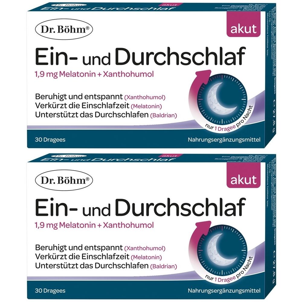 Zwei Schachteln Dr. Böhm Ein- und Durchschlaf. Aufschrift: 1,9 mg Melatonin + Xanthohumol. 30 Dragees. Akut. Nahrungsergänzungsmittel.