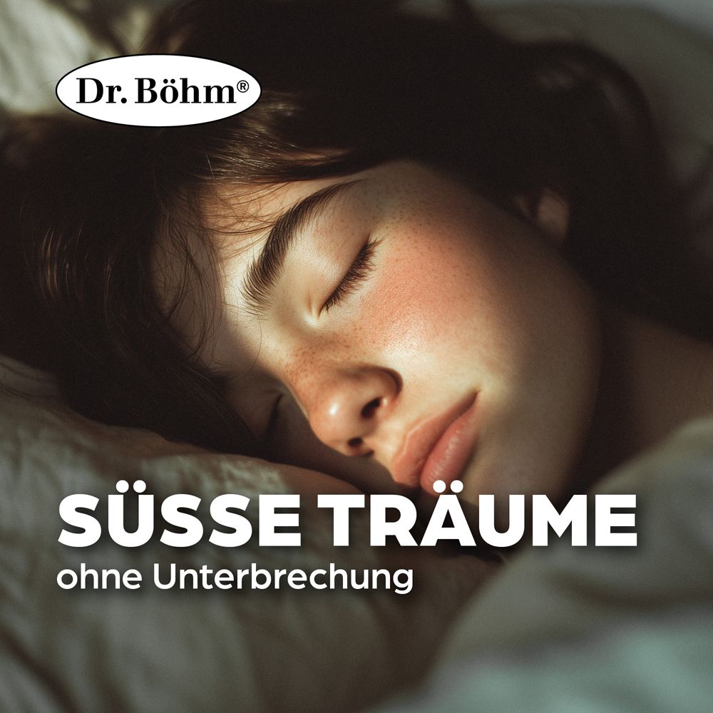 Schlafende Person, "Süße Träume ohne Unterbrechung" und "Dr. Böhm" Logo.