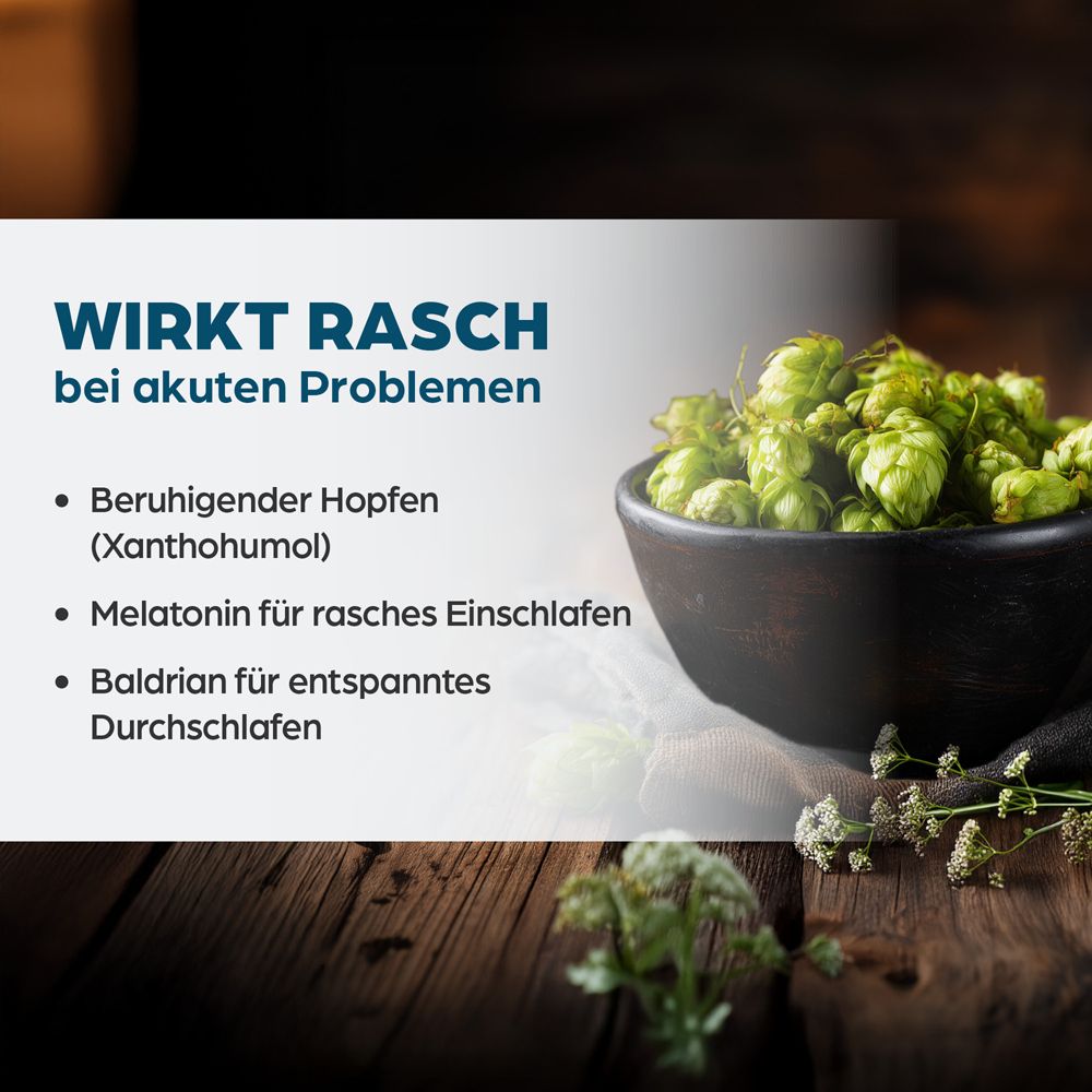 Schale mit Hopfen, Liste mit Inhaltsstoffen wie Baldrian und Melatonin.