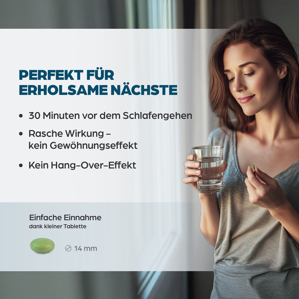 Frau hält Glas Wasser und Tablette, Text "Perfekt für erholsame Nächste", 14mm Tablettengröße.