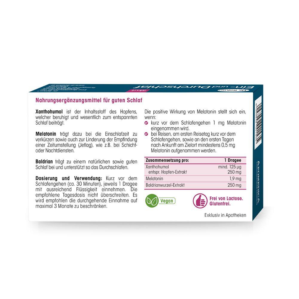 Nahrungsergänzungsmittel für guten Schlaf mit Baldrian, Hopfen und Melisse. 1 Dragee enthält 1,9 mg Melatonin.