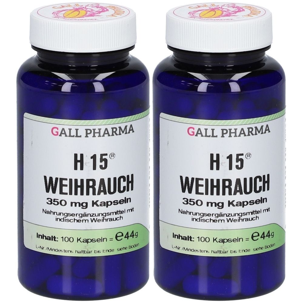 Zwei blaue Flaschen mit weißen Etiketten. Auf den Etiketten steht "H 15 WEIHRAUCH 350 mg Kapseln". Marke: GALL PHARMA. Inhalt: 100 Kapseln.