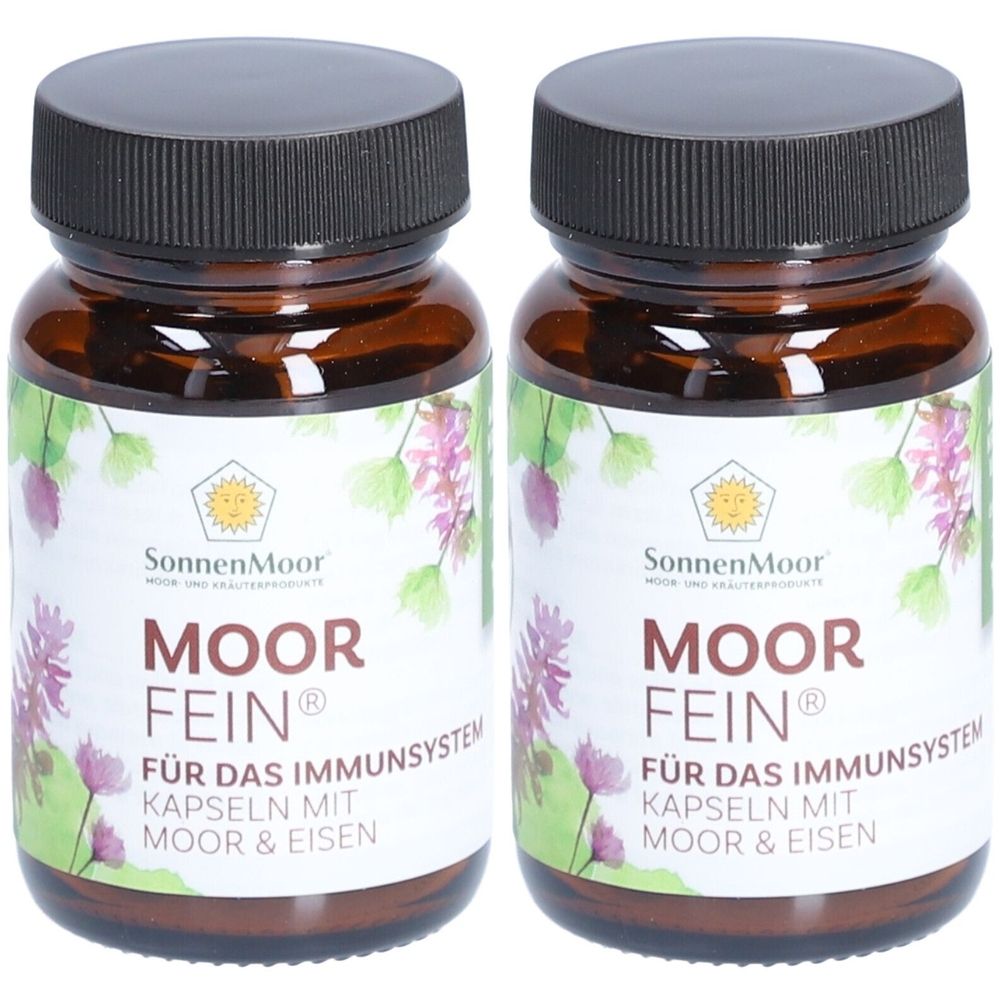 Zwei braune Glasflaschen mit schwarzen Deckeln. Auf den Etiketten steht SonnenMoor MOOR FEIN® für das Immunsystem. Kapseln mit Moor & Eisen.
