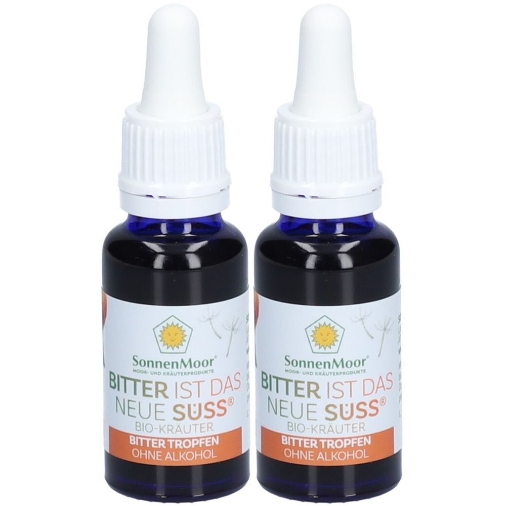Zwei Flaschen mit blauer Flüssigkeit und weißen Deckeln. Auf den Etiketten steht "SonnenMoor" und "Bitter ist das neue Süss".