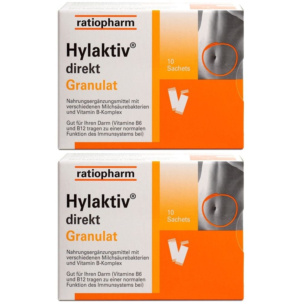 Zwei Packungen Hylaktiv direkt Granulat. Weiße Schachteln mit orangefarbenen Akzenten. Text: ratiopharm, 10 Sachets.