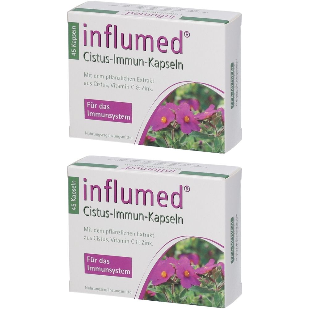 Zwei weiße Kartons mit Produktnamen und floralem Design. Aufschrift: influmed Cistus-Immun-Kapseln. Enthält 45 Kapseln.