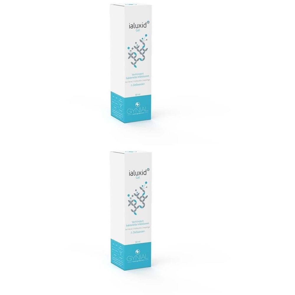 Zwei weiße Schachteln mit blauem Akzent. Aufschrift: ialuxid Gel. Logo und Produktinformationen.
